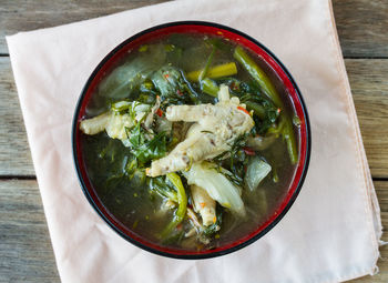 High angle view of soup in bowl on table