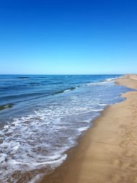 Scenic view of sea against clear blue sky