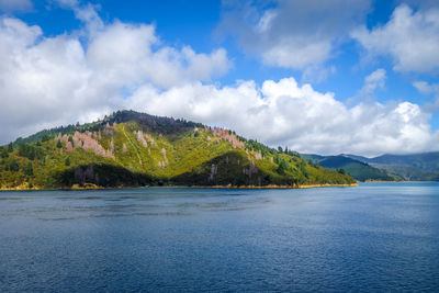 Scenic view of lake and mountains against sky