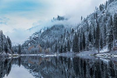 Scenic view of lake against sky during winter