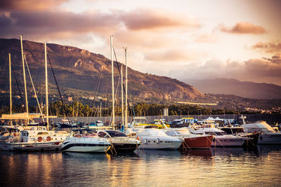 Sailboats moored in marina at sunset