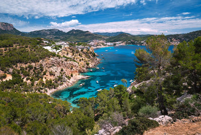 High angle view of bay against sky