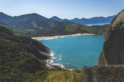 Scenic view of sea and mountains against clear sky