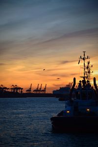 Silhouette sailboats in sea against sky during sunset