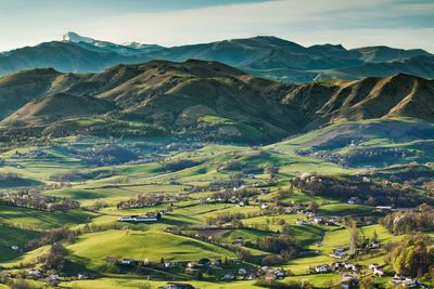 Scenic view of landscape and mountains against sky