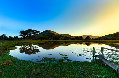 Scenic view of lake against clear blue sky