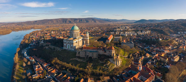 Esztergom, hungary - aerial view of the beautiful basilica of esztergom near river danube