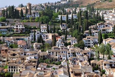 High angle view of buildings in city