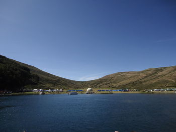 Scenic view of lake against clear blue sky