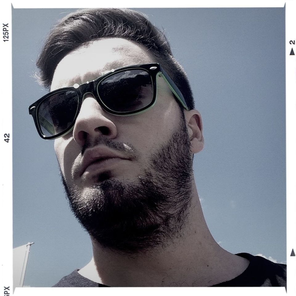 transfer print, portrait, looking at camera, young adult, headshot, auto post production filter, young men, front view, person, lifestyles, head and shoulders, close-up, mid adult, beard, sunglasses, mid adult men, human face, leisure activity