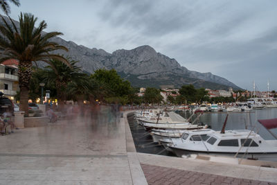Boats moored at harbor