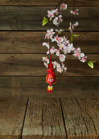 High angle view of cherry blossom on table