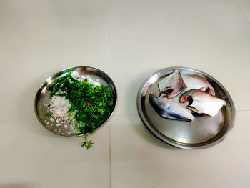 High angle view of fish on table