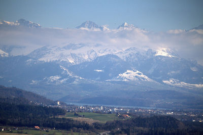 Aerial view of snowcapped mountains against sky