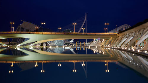 Illuminated bridge over river in city at night