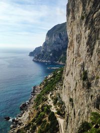 Scenic view of sea and mountains against sky