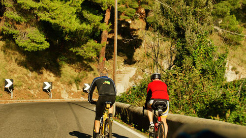 Rear view of people cycling on mountain road