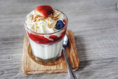 High angle view of panna cotta on table