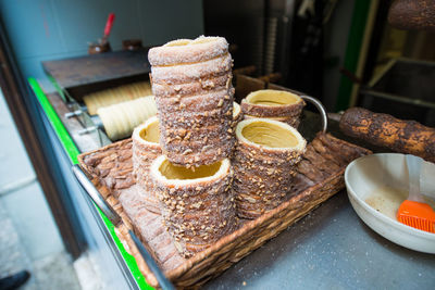 Close-up of chimney cakes at market stall