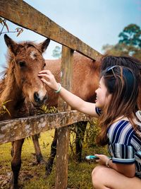 Young woman stroking pony in farm
