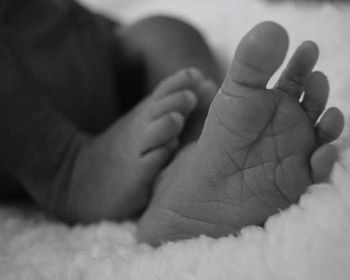 Low section of baby lying on bed