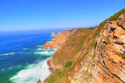 Scenic view of sea against clear blue sky