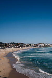 Scenic view of beach against clear blue sky