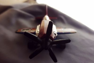High angle view of toy on airplane on table