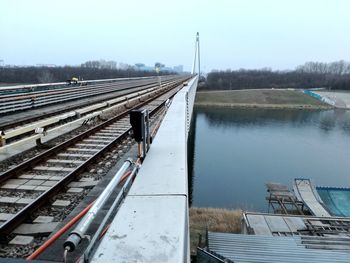 Railroad tracks amidst trees against clear sky