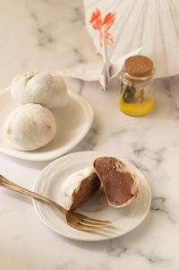 High angle view of dessert in plate on table