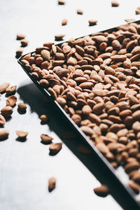 High angle view of almonds in tray on white background