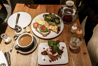 High angle view of meal served on table