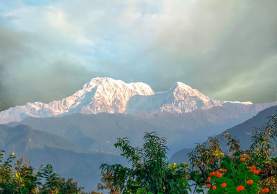 Scenic view of snowcapped mountains against sky