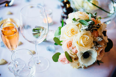 High angle view of bouquet on table