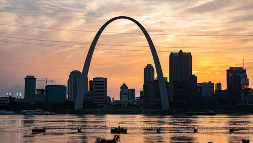 Scenic view of river by buildings against sky during sunset