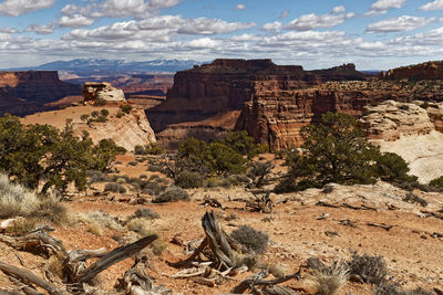Scenic view of rock formations on landscape against sky