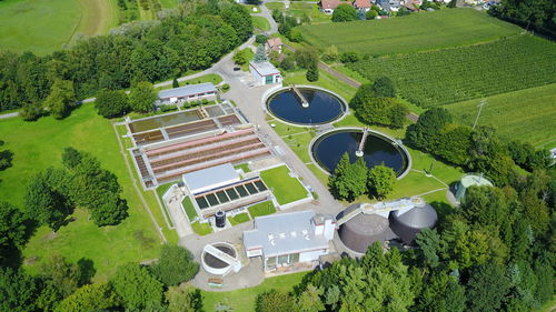 High angle view of trees on field against sky