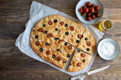 High angle view of pizza on table