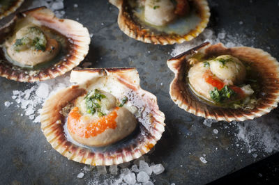 High angle view of seafood on table