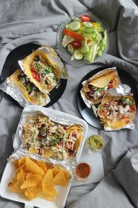 High angle view of food served on table