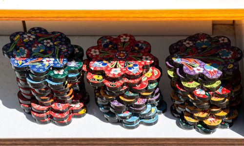 High angle view of multi colored candies on table