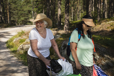 Smiling women walking together