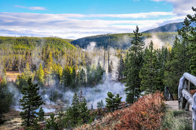 Scenic view of waterfall against sky