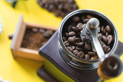 High angle view of coffee beans on table