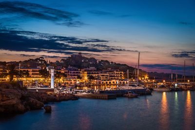 View of harbor at sunset