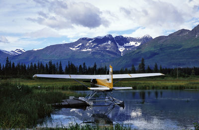 Seaplane in the mountaious landscape.