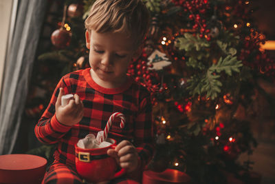 Portrait of girl holding christmas tree