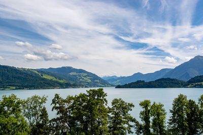 Scenic view of lake and mountains against sky