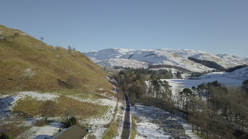 Scenic view of snowcapped mountains against clear sky