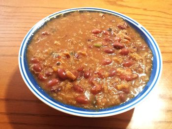 High angle view of soup in bowl on table